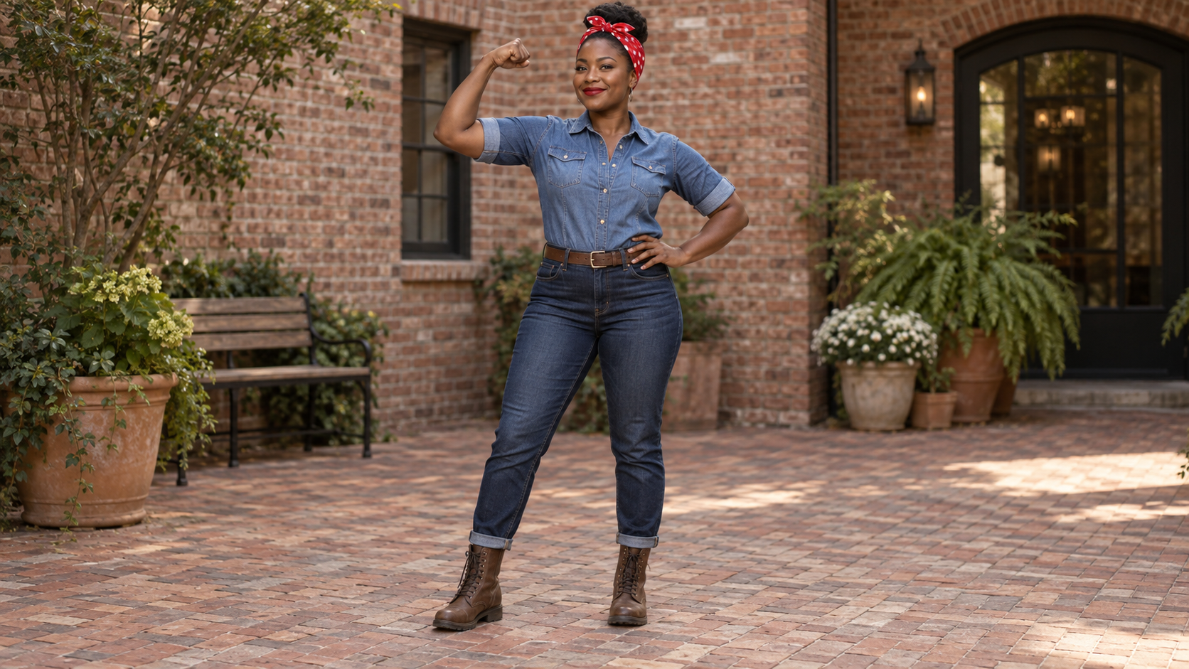 Denim Blue and Red Rosie the Riveter Costume with Rolled Sleeves and Polka Dot Bandana